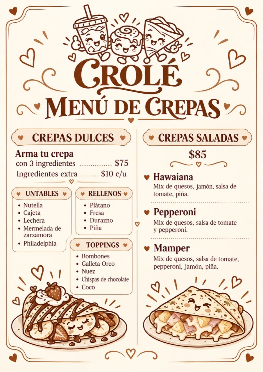 Carta impresa original de crepas dulces y saladas de Crolé